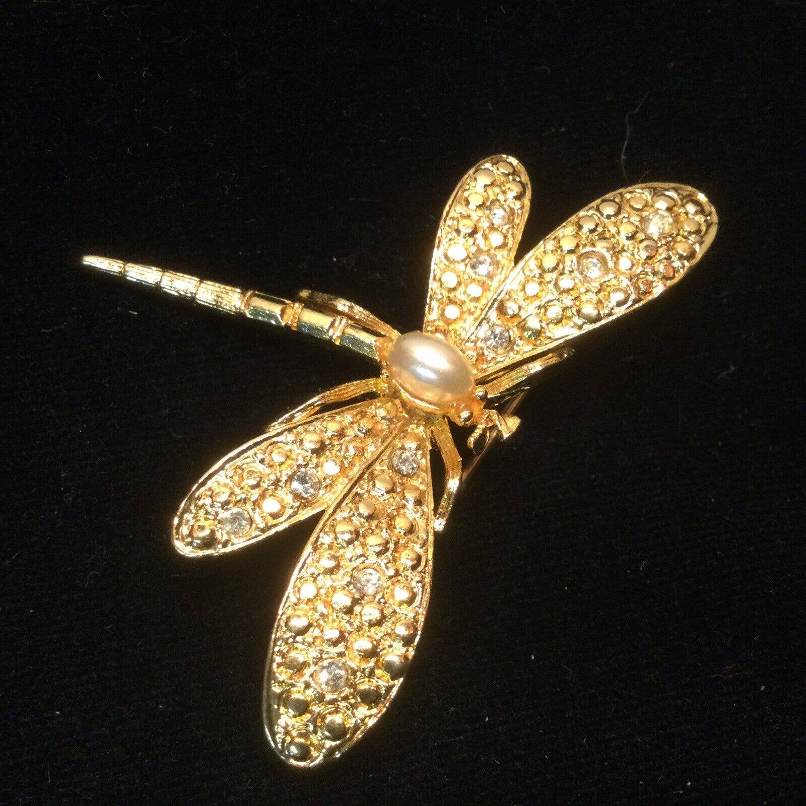 Gold Tone Dragonfly Pin Brooch Faux Pearl Rhinestone 2” X 2”